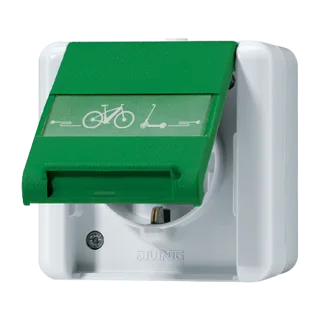 Розетка SCHUKO®, 16А 250В with e-bike charging symbol, с полем для надписи, вертикальная, IP 44, WG 800, green