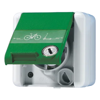 Розетка SCHUKO®, 16А 250В with e-bike charging symbol, с полем для надписи, with с замком, вертикальная, IP 44, WG 800, green