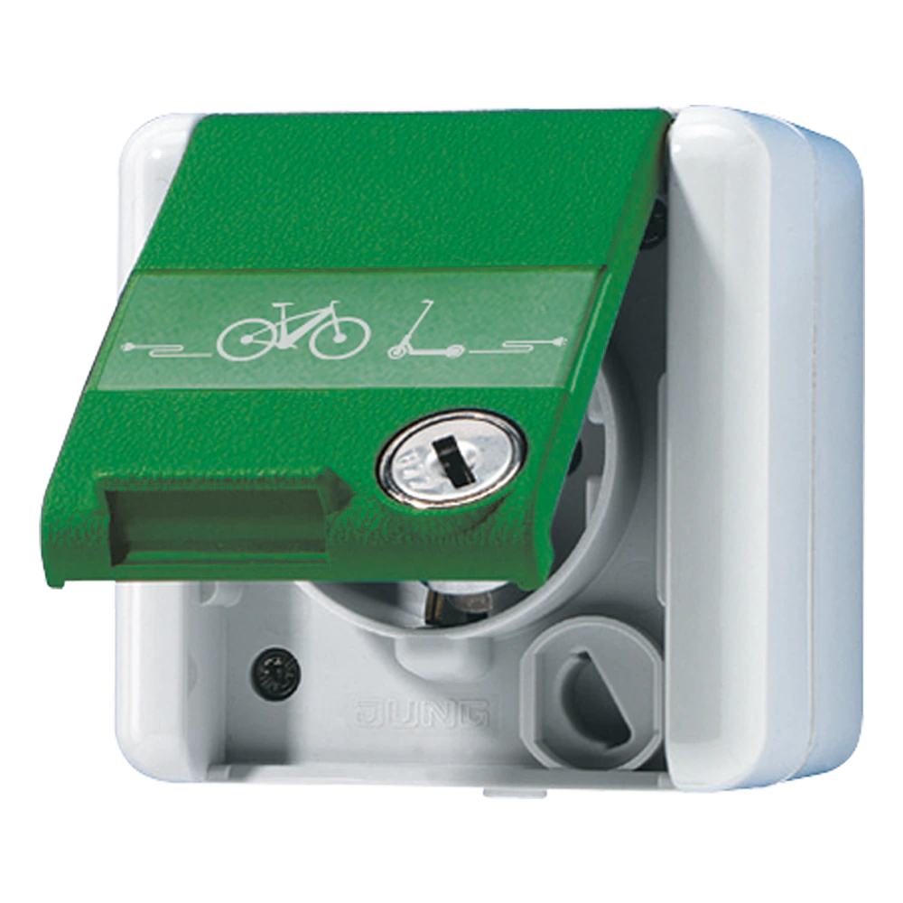 SCHUKO® socket with safety lock, inscription field and e-bike charging symbol — JUNG WG 800, Ivory, art. 820GNNAWSLEB