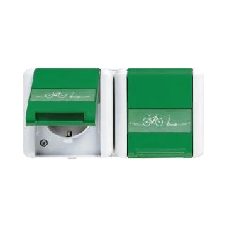 2-клавишная SCHUKO® socket, wired, 16А 250В with e-bike charging symbol, с полем для надписи, горизонтальная , IP 44, WG 800, green
