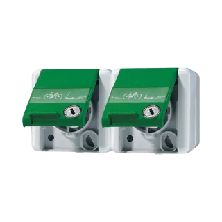 2-клавишная SCHUKO® socket, wired, 16А 250В with e-bike charging symbol, с полем для надписи, with с замком, горизонтальная , IP 44, WG 800, green