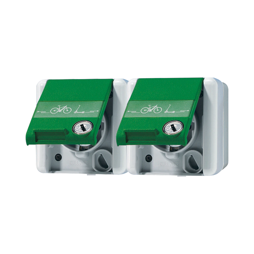 2-клавишная SCHUKO® socket, wired, 16А 250В with e-bike charging symbol, с полем для надписи, with с замком, горизонтальная , IP 44, WG 800, green — JUNG WG 800, Слоновая кость, арт. 8220GNNAWSLEB
