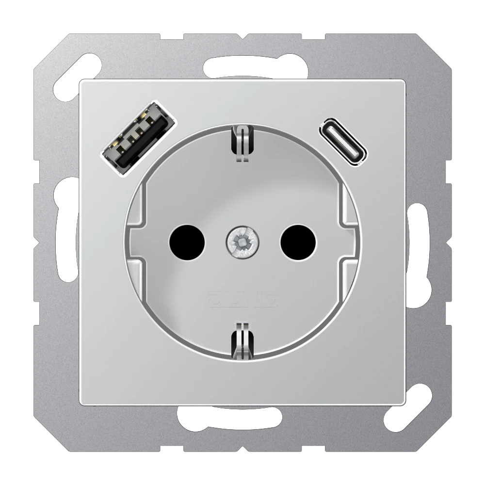 SCHUKO® socket with USB charger — JUNG A 550, Aluminium, art. A1520-15CAAL