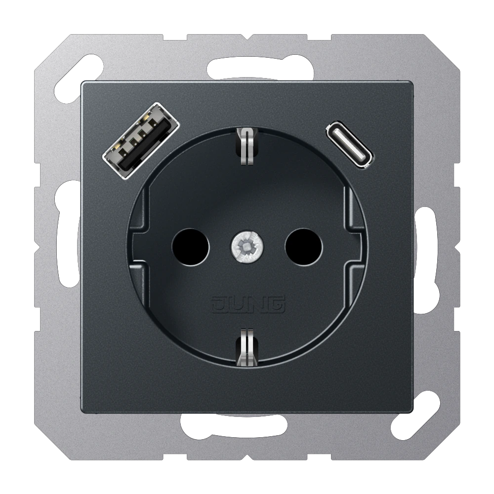 SCHUKO® socket with USB charger — JUNG A 550, Matt Anthracite, art. A1520-15CAANM