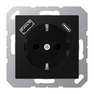 Розетка SCHUKO® с USB-зарядным устройством, тип A + тип С; термопласт; черный матовый