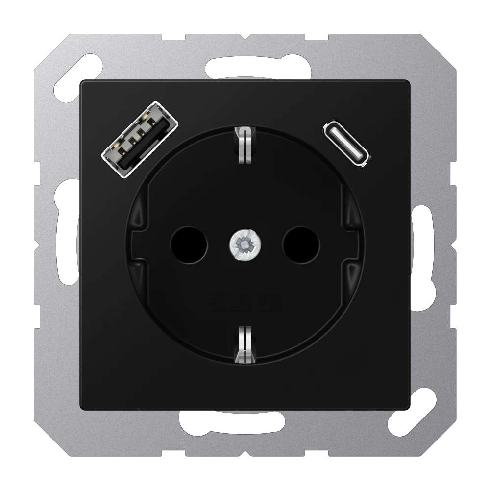 Розетка SCHUKO® с USB-зарядным устройством, тип A + тип С; термопласт; черный матовый — JUNG A 550, Матовый чёрный графит, арт. A1520-15CASWM