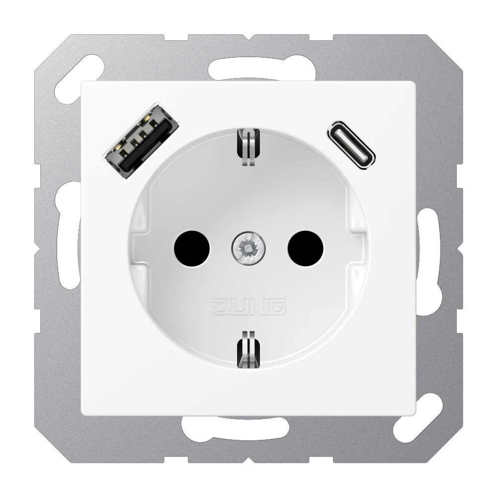 SCHUKO® socket with USB charger — JUNG A 550, Matt White, art. A1520-15CAWWM