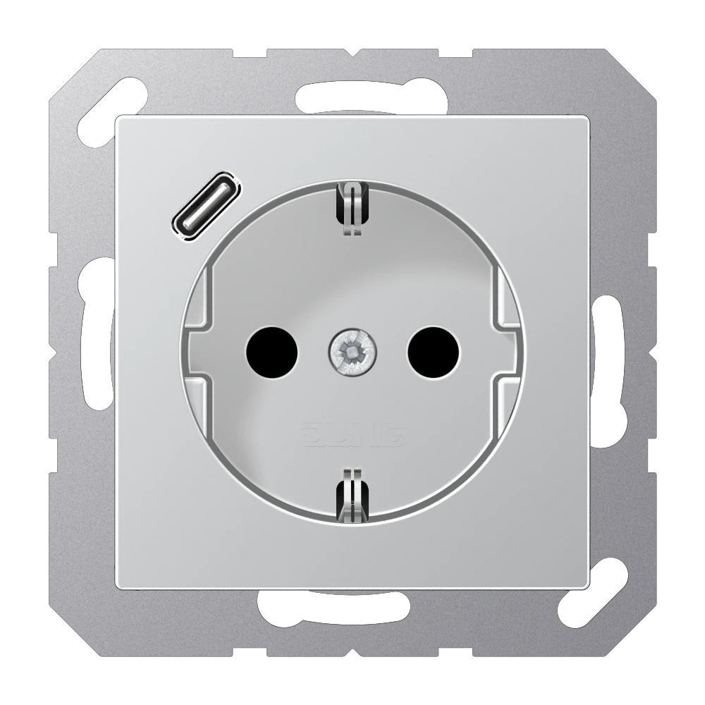 Розетка SCHUKO® с USB-зарядным устройством, тип С; термопласт; алюминий — JUNG A 550, Алюминий, арт. A1520-18CAL