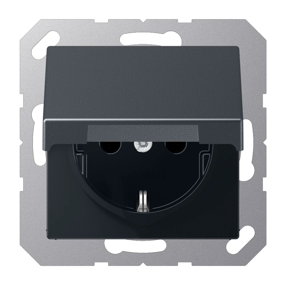 SCHUKO® socket with hinged lid and contact protection — JUNG A 550, Matt Anthracite, art. A1520BFKIKLANM