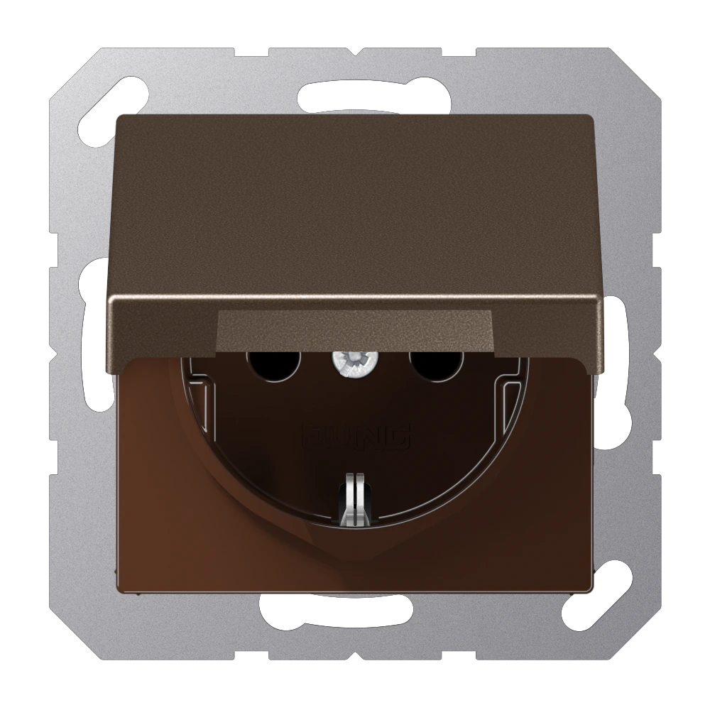 SCHUKO® socket with hinged lid and contact protection — JUNG A 550, Mocha, art. A1520BFKIKLMO