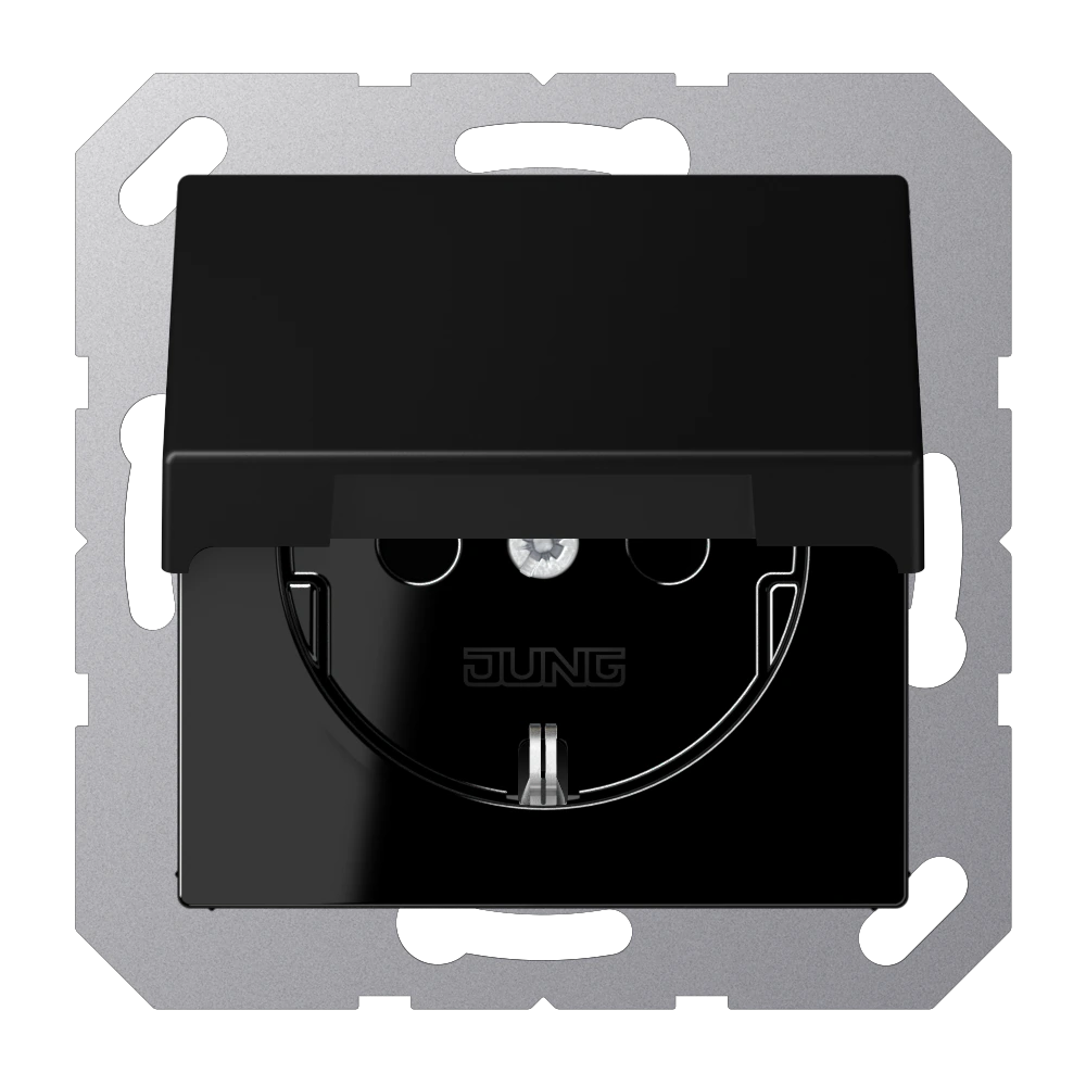 SCHUKO® socket with hinged lid and contact protection SCHUKO® socket with hinged lid — JUNG A 550, Matt Black, art. A1521BFKIKLSWM