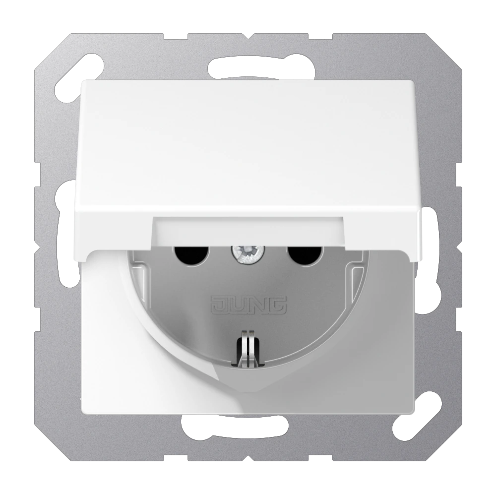 SCHUKO® socket with hinged lid and contact protection SCHUKO® socket with hinged lid — JUNG A 550, White, art. A1521BFKIKLWW