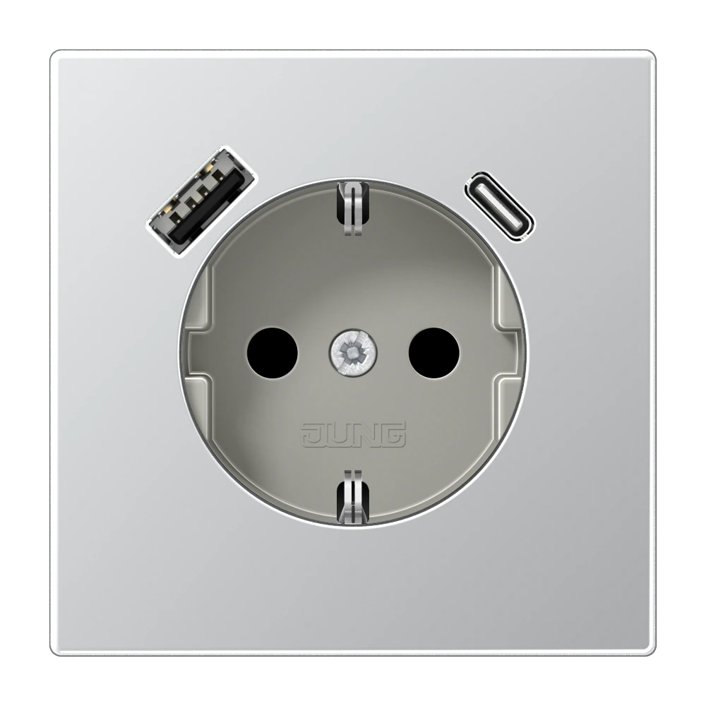 SCHUKO® socket with USB charger — JUNG LS 990, aluminium, art. AL1520-15CA