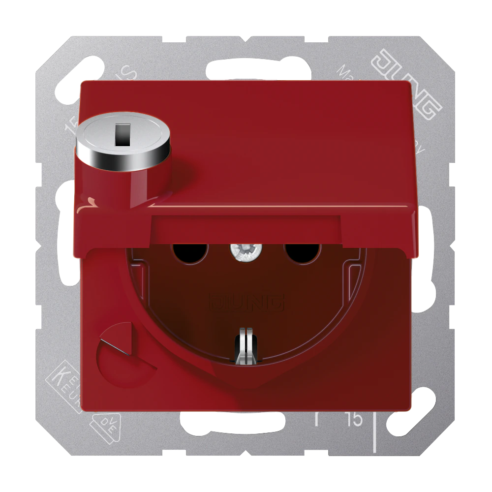 SCHUKO® socket with safety lock — JUNG AS 500, Red, art. AS1520BFKLSLRT