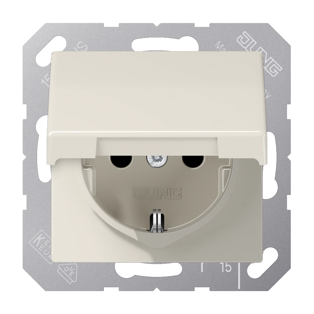 SCHUKO® socket with hinged lid — JUNG AS 500, Ivory, art. AS1520KL