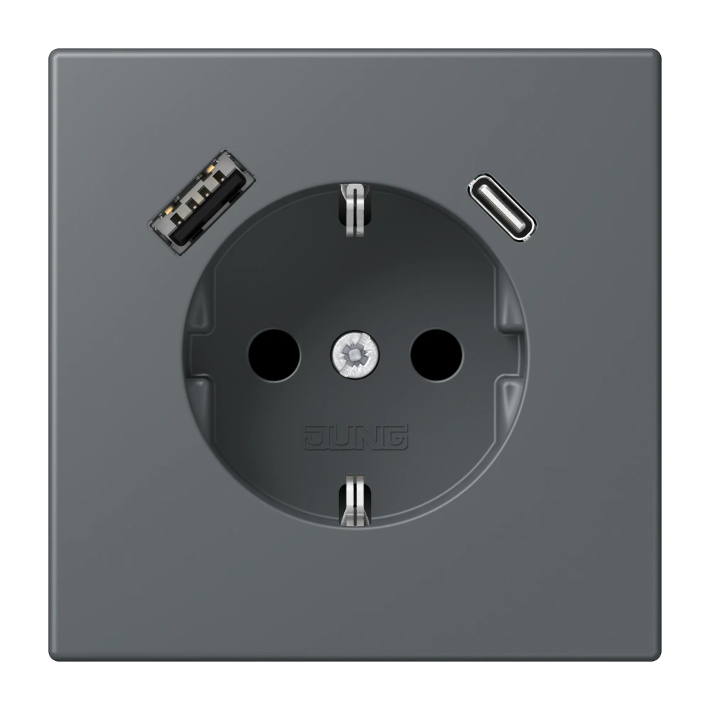 Розетка SCHUKO®, 16А 250В, с USB-зарядкой, 1×Type A + 1×Type C, с защитой, серия LS, gris foncé 31 (32010) — JUNG LS 990 Le Corbusier, Gris Foncé 31, арт. LC1520-15CA202