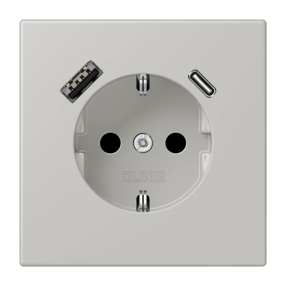Розетка SCHUKO®, 16А 250В, с USB-зарядкой, 1×Type A + 1×Type C, с защитой, серия LS, gris clair 31 (32013) — JUNG LS 990 Le Corbusier, Gris Clair 31, арт. LC1520-15CA205