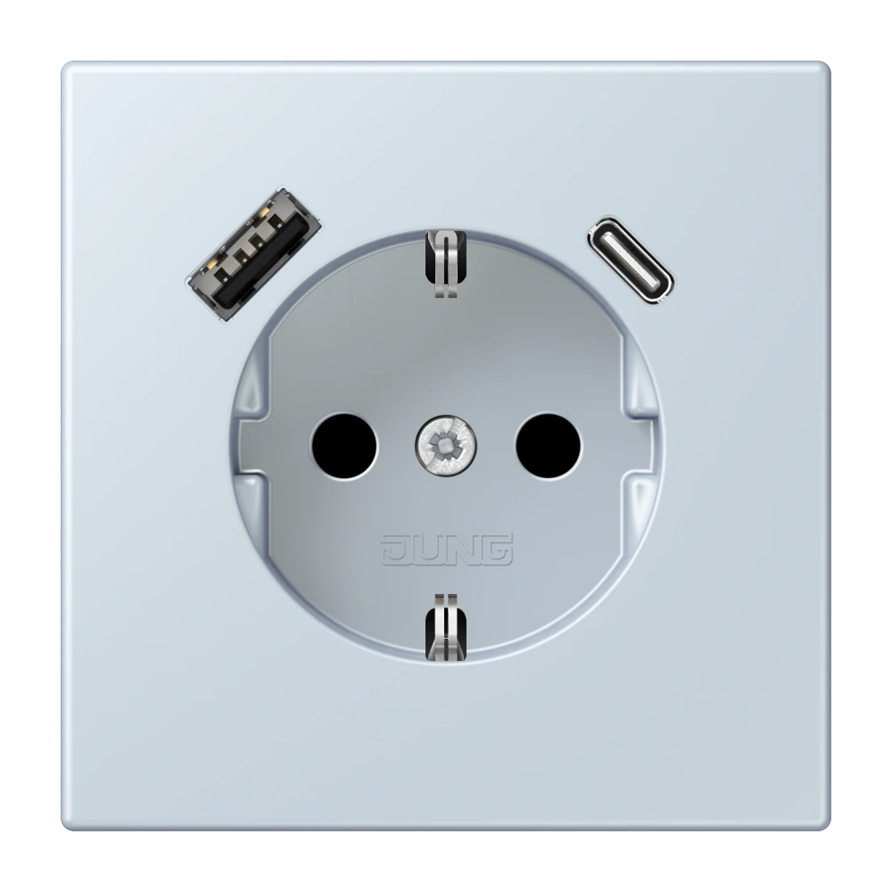 Розетка SCHUKO®, 16А 250В, с USB-зарядкой, 1×Type A + 1×Type C, с защитой, серия LS, outremer pâle (32023) — JUNG LS 990 Le Corbusier, Outremer Pale, арт. LC1520-15CA209