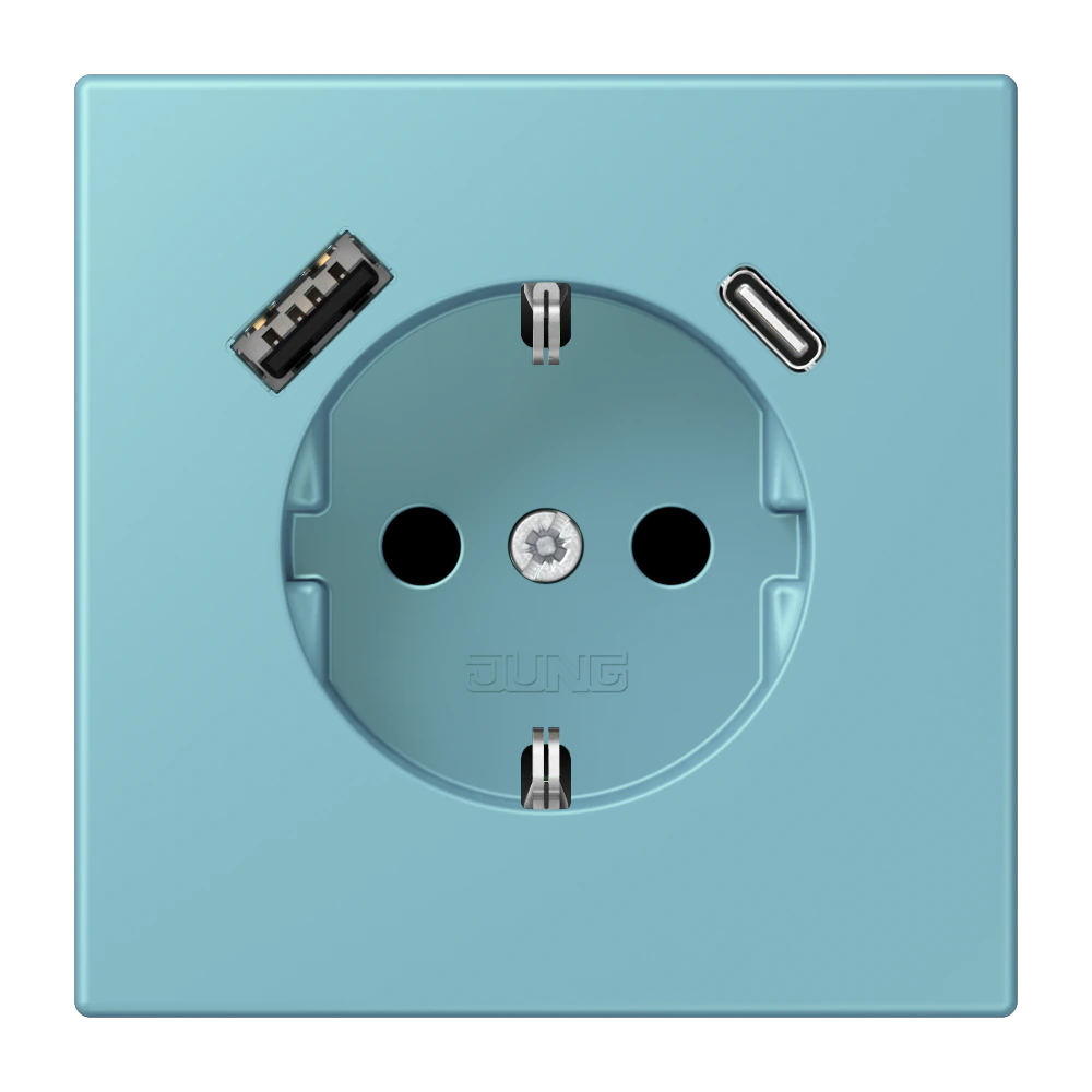 SCHUKO® socket with USB charger — JUNG LS 990 Le Corbusier, Céruléen Moyen, art. LC1520-15CA213