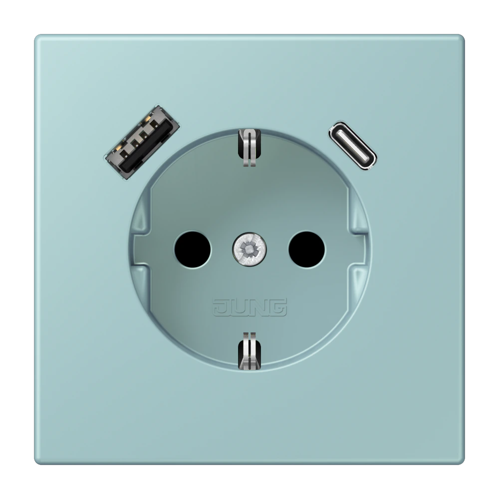 SCHUKO® socket with USB charger — JUNG LS 990 Le Corbusier, Céruléen Clair, art. LC1520-15CA214