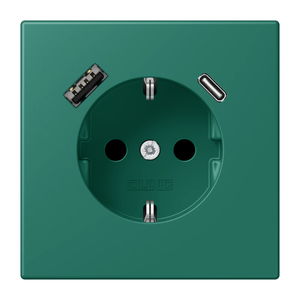 SCHUKO® socket with USB charger — JUNG LS 990 Le Corbusier, Vert Anglais, art. LC1520-15CA216