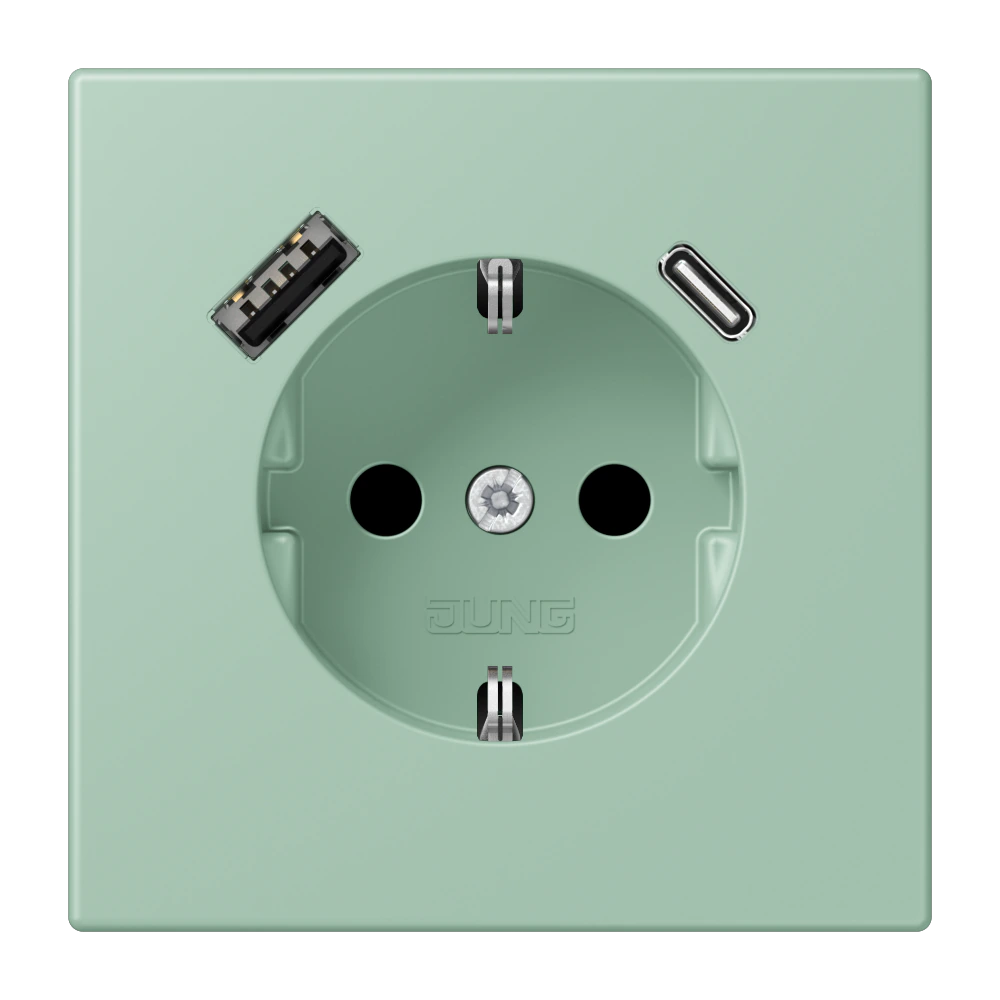 SCHUKO® socket with USB charger — JUNG LS 990 Le Corbusier, Vert Anglais Clair, art. LC1520-15CA217