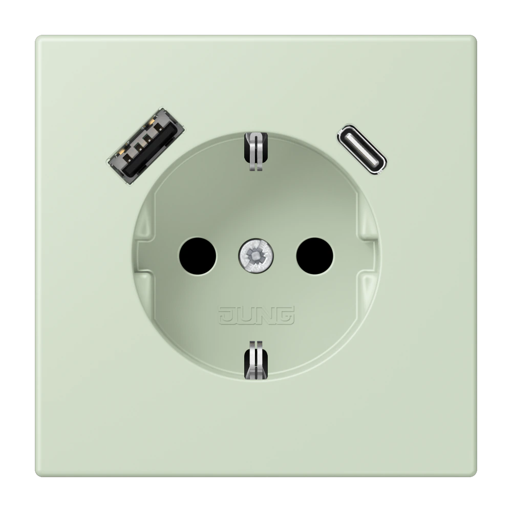 Штепсельная розетка SCHUKO 16 A / 250 В~ с зарядным устройством USB, 1 x тип A + 1 x тип C — JUNG LS 990 Le Corbusier, Vert Anglâis Pale, арт. LC1520-15CA218