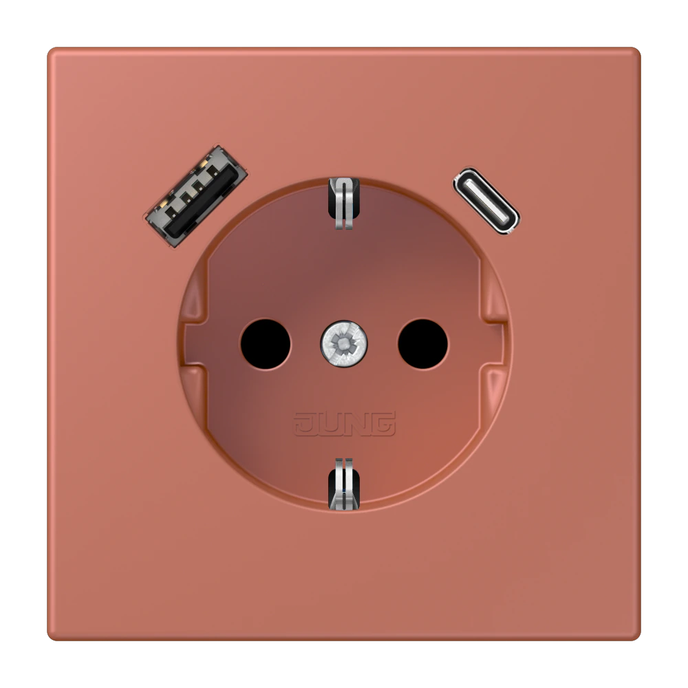 Розетка SCHUKO®, 16А 250В, с USB-зарядкой, 1×Type A + 1×Type C, с защитой, серия LS, terre sienne brique (32121) — JUNG LS 990 Le Corbusier, le corbusier 236, арт. LC1520-15CA236