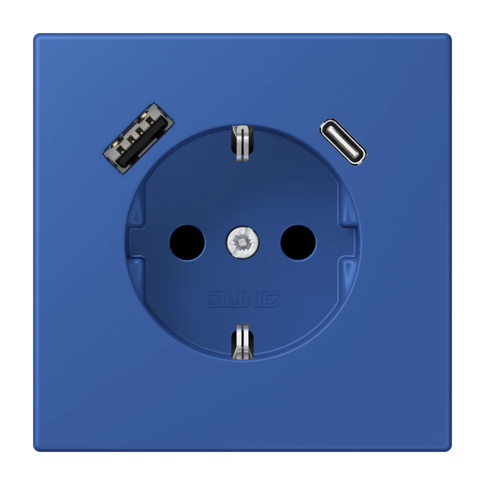 Розетка SCHUKO®, 16А 250В, с USB-зарядкой, 1×Type A + 1×Type C, с защитой, серия LS, bleu outremer 59 (4320K) — JUNG LS 990 Le Corbusier, le corbusier 253, арт. LC1520-15CA253