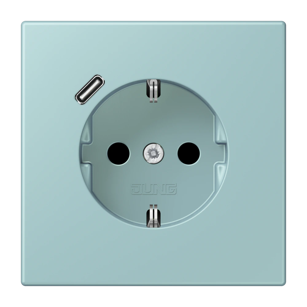 Розетка SCHUKO®, 16А 250В, с USB-зарядкой, 1×Type C, с защитой, серия LS, céruléen clair (32033) — JUNG LS 990 Le Corbusier, Céruléen Clair, арт. LC1520-18C214