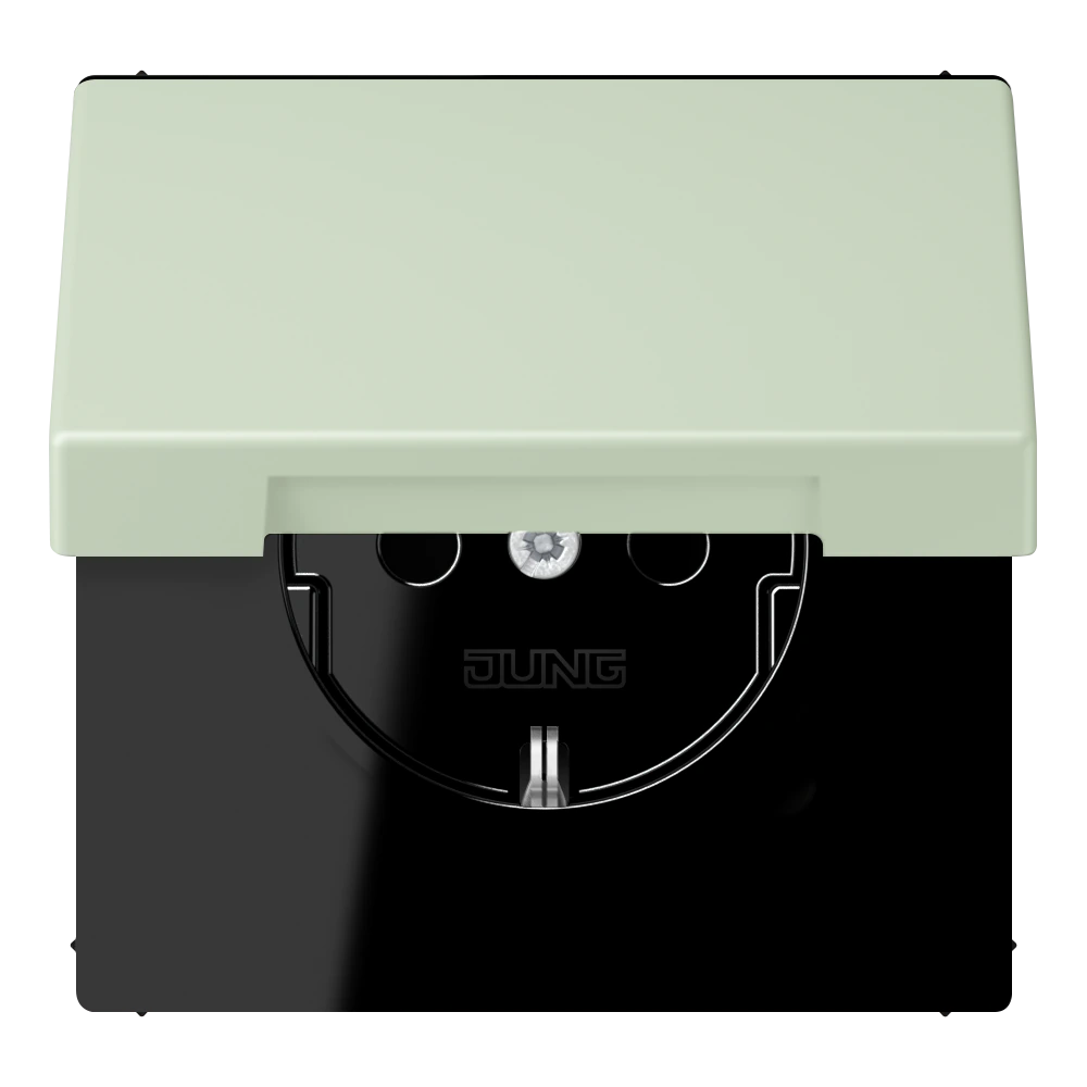 SCHUKO® socket with hinged lid and contact protection — JUNG LS 990 Le Corbusier, Vert Anglâis Pale, art. LC1521BFKIKL218