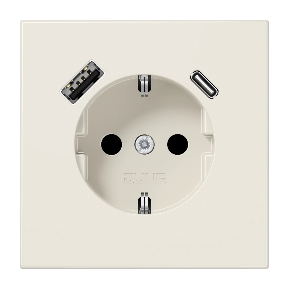 Розетка SCHUKO® с USB-зарядным устройством, тип A + тип С; термопласт; слоновая кость — JUNG LS 990, Слоновая кость, арт. LS1520-15CA