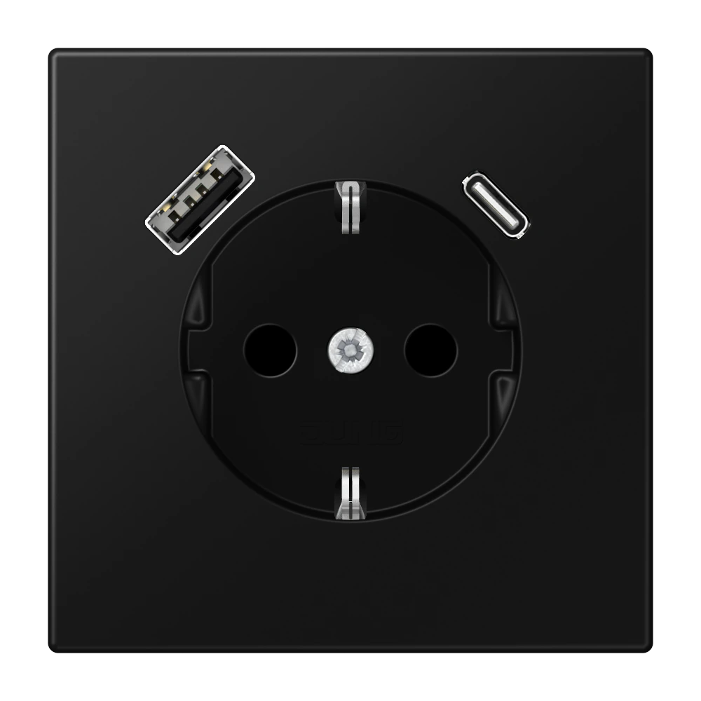 Розетка SCHUKO® с USB-зарядным устройством, тип A + тип С; термопласт; черный матовый — JUNG LS 990, Matt Black, арт. LS1520-15CASWM