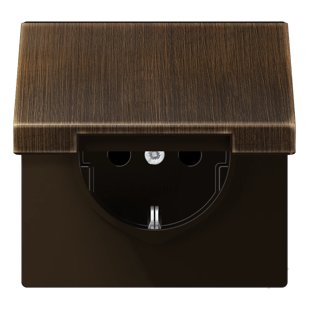 SCHUKO® socket with hinged lid and contact protection — JUNG LS 990, antique brass, art. ME1520KIKLAT