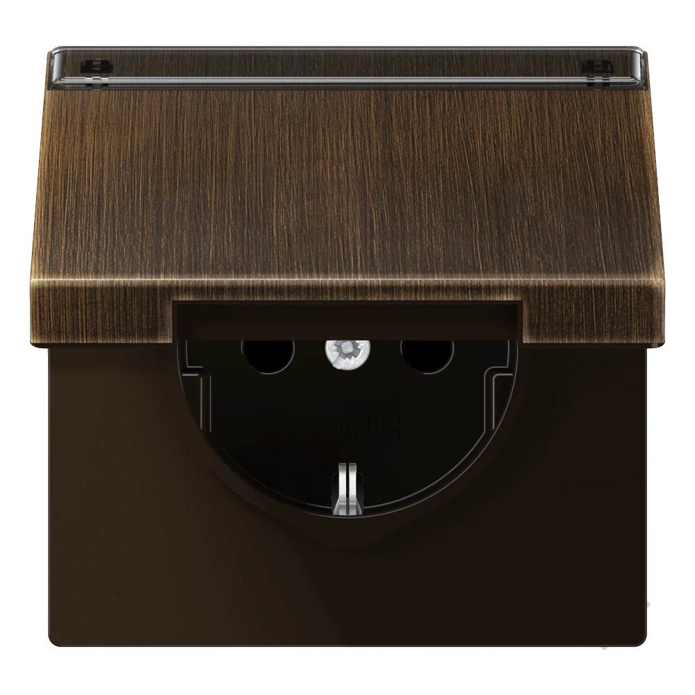 SCHUKO® socket with hinged lid and inscription field — JUNG LS 990, antique brass, art. ME1520NAKLAT