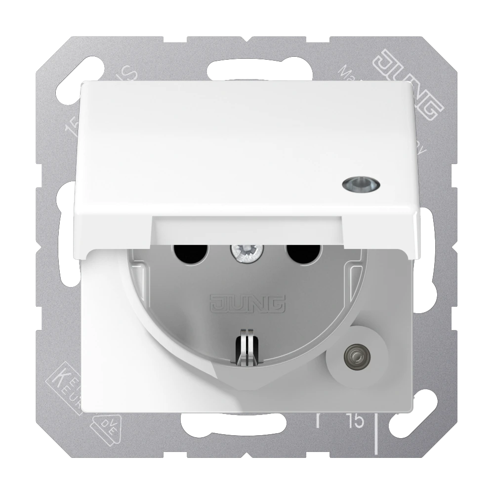 SCHUKO® socket with hinged lid and pilot light — JUNG AS 500 SilverPLUS, Alpine White, art. SPAS1520KLKOWW